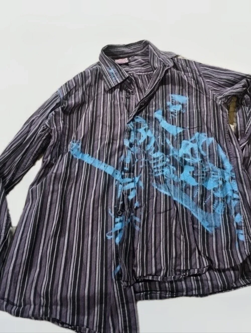 VTG Rare Jimi Hendrix Men  Black & Gray Striped ButtonDown Shirt Blue Graphic XL